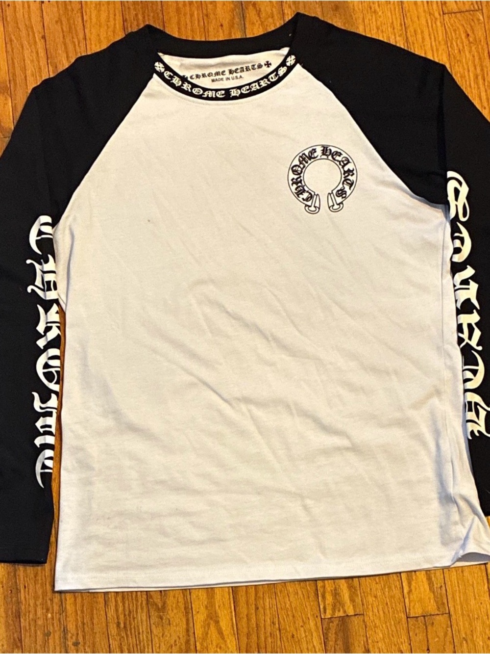 Chrome Hearts Men’s Black/White Long Sleeve Raglan Graphic Logo Cross Tee L